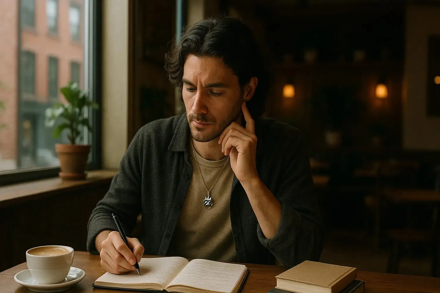 A cozy scene of an Aquarius brainstorming ideas at a coffee shop